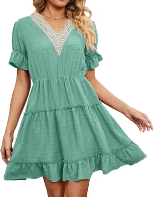 Image de ASKSA Femme Col V Robes d'été Dentelle Jacquard Manches Courtes Robe Taille Loisir, Vert, M