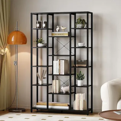 Image de Bibliothèque de 30 x 100 x 170 cm, avec 6 niveaux et 15 compartiments ouverts, meuble de rangement pour salon, de couleur noire imitation bois