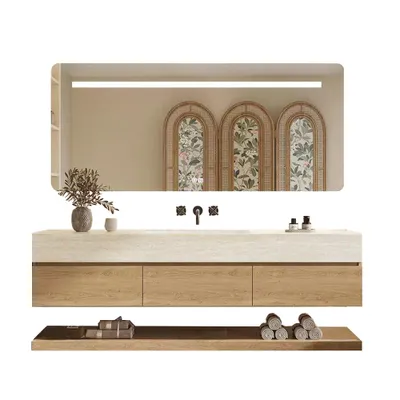 Produktbild von Wandhängendes Waschbecken-Set - Sinterstein - Travertine look,mit Spiegel, Unterschrank, Ablage & Ablauf, ohne Armaturenloch 150×55 cm【YT9865-150 BKK】
