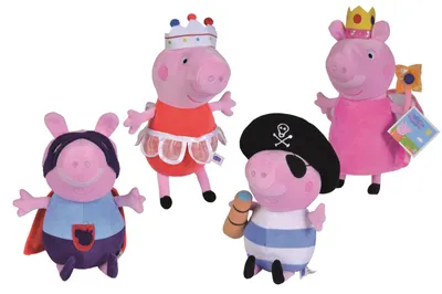 Four Peppa Pig plush toys dressed in costumes.