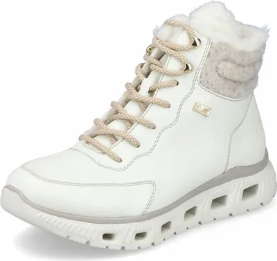 A single white winter boot with beige laces and trim, shown from a side-angle on a white background.
