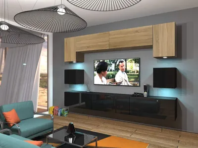 Immagine prodotto di Furnitech Parete attrezzata soggiorno - Mobili da soggiorno con LED Bianco - Parete attrezzata moderna - Parete attrezzata soggiorno (Nowara AN1-17BS-HGM32 1B)
