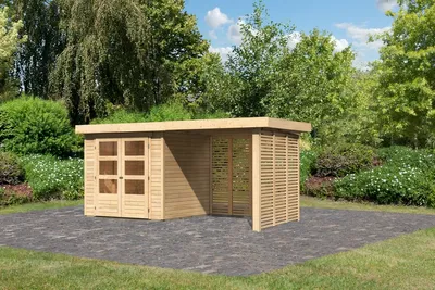 Produktbild von Karibu Gartenhaus Gerätehaus Askola 2 im Set mit Anbaudach 2,40 m Breite und Feuerholzoption naturbelassen 433x217x211 cm