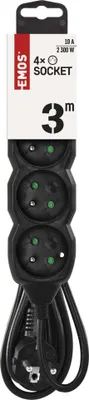 EMOS Prodlužovací kabel 3 m / 4 zásuvky / černý / PVC / 1 mm2, PC0413