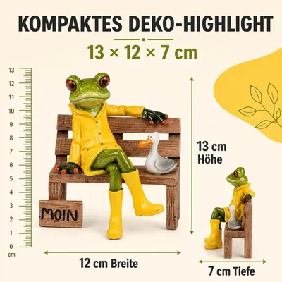 Produktbild von Frosch auf Bank mit Moin-Gruß und Möwe aus Kunststein, handbemalt, 13 cm,, KI-generiertes Bild