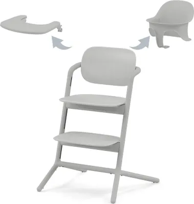 A light gray high chair with two detachable parts shown with arrows indicating how they attach.