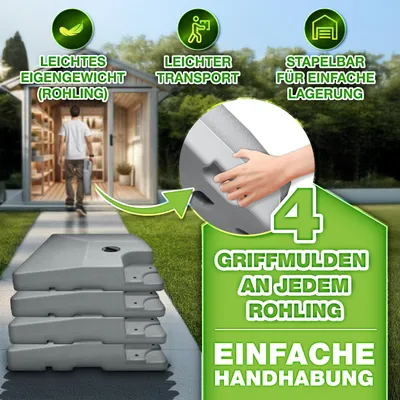 Produktbild von tillvex® Sonnenschirmständer Grau 90 Liter / 120 kg – 4-teilig für Ampelschirm inkl. Metallverbinder | Schirmgewicht befüllbar mit Wasser oder Sand | Schirmständer Ampelschirmständer wetterfest