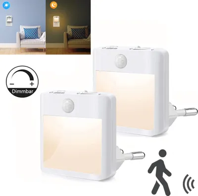Two white LED night lights are shown plugged into an outlet, with a dimmer icon and a motion sensor icon.