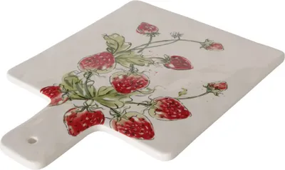A square ceramic cutting board with a handle, decorated with a watercolor-style illustration of strawberries and leaves.