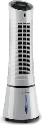 A white tower fan with a blue water level indicator.