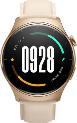 A close-up front view of a gold smartwatch with a light-colored band, displaying the time and battery status on its screen.