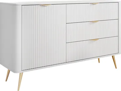 Produktbild von MIRJAN24 Sideboard Lante 1D3S, Kommode mit Drehtür und drei Schubladen, Metallfüße und Aluminiumgriffe, 139x38x82 cm (Farbe: Weiß)
