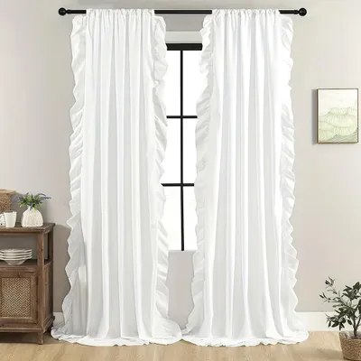 Immagine prodotto di 2 tende in voile con volant, bianche, traslucide, per la privacy, con volant, 135 g/m², semitrasparenti, con passanti per l'asta, 132x213 cm