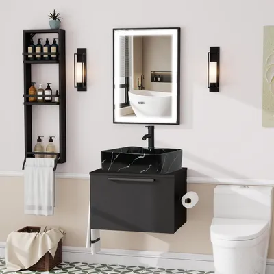 Immagine prodotto di Set di mobili da bagno: mobile lavabo con pensile sottolavabo, 60 cm, nero opaco, composto da 3 pezzi, da appendere