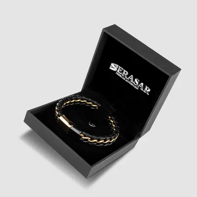 Obrázok produktu pre SERASAR | Kožený Náramok pre Mužov [Steel] z Stainless Steel | Farba: Zlato/Čierna | Dĺžka: 23cm