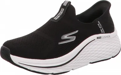 A black Skechers slip-on shoe with a white sole is shown from the side against a white background.