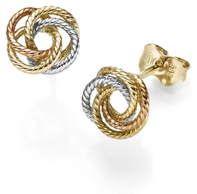 Immagine prodotto di Orecchini a bottone, con cordoncino e nodo, in oro giallo/rosso/bianco tricolore, 585, diametro 9 mm
