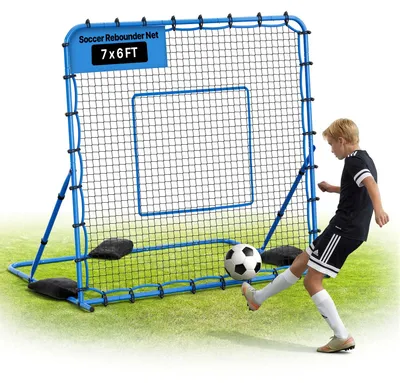 Image de VEVOR, récepteur de ballons de football, dimensions 2070 x 1755 mm, filet de rebond pour le contrôle du ballon et l'entraînement des passes, équipement d'entraînement au football avec cadre en fer et filet en PE, récepteur de ballons pour adolescents et adultes, couleur bleue