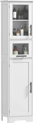 Produktbild von Badezimmerschrank - Hochschrank - Schmal - Glastür - Verstellbare Einlegeböden - Schublade - Metallrahmen - 40x31x170 cm - Weiß