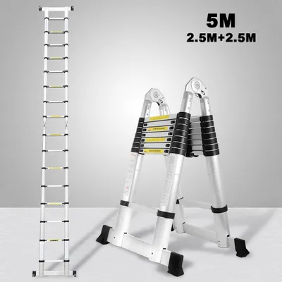 Immagine prodotto di TolleTour scala telescopica argento alluminio pieghevole scala multifunzionale scala singola 2,5M+2,5M scala multiuso protezione trappola per le dita scala pieghevole in alluminio antiscivolo fino a 150 KG
