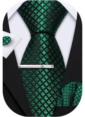 Image de Ensemble de cravates pour hommes, en soie, motif paisley, vert : 1 cravate, 1 mouchoir de poche, 2 boutons de manchette