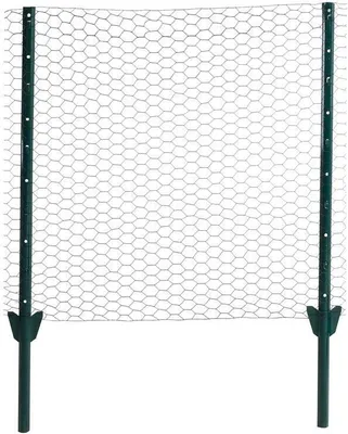 A hexagonal wire mesh fence with two green metal posts.