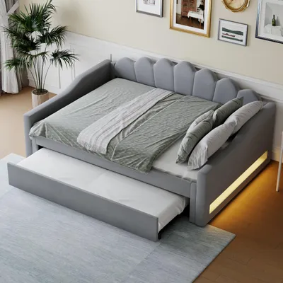 Produktbild von Polsterbett 140x200 cm Tagesbett mit LED & Ausziehbett, Bettgestell Leinen-Optik, Stabil & Geräuschlos bis 200kg, Modernes Gästebett inkl. Lattenrost, Grau