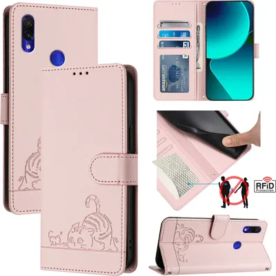 Produktbild von Leder Hülle für Xiaomi Redmi Note 7/Note 7 Pro Süße Katze Flip Case Brieftasche Schutzhülle mit Standfunktion Pink