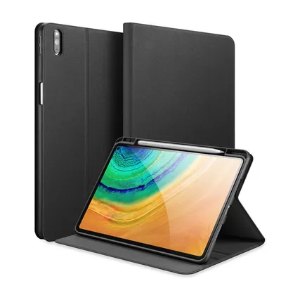 A black tablet case is shown open, with a tablet inside displaying a colorful wallpaper. The case is positioned to show the tablet at an angle, and another part of the case is visible behind it.