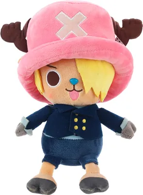 A plush toy of the character Chopper from One Piece, wearing a pink hat and a blue jacket.
