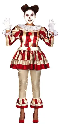 Productafbeelding van Clown Halloween kostuum voor volwassenen, horror clown, enge uitstraling, carnaval, feest, bloedig, griezelig, horror shows, maskerfeest, circus. Maat: 36 - 38 (S). Kleur: Beige
