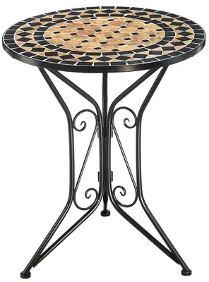 A round mosaic table with a black metal base.