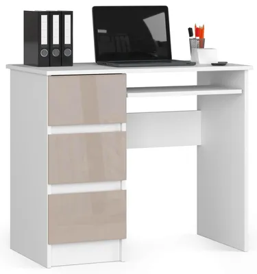 Produktbild von Computerschreibtisch – Schreibtisch – Bürotisch – Büroschreibtisch – 90 cm – Weiß / Beige Hochglanz – Funktionaler Computertisch mit 3 Schubladen
