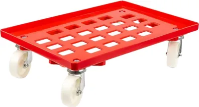 Produktbild von Transportroller für Euroboxen 60x40cm mit Kunststoffräder rot | Gitter/Rasterdeck | 2 Lenkrollen & 2 Bremsrollen | Traglast 300kg | Kistenroller Logistikroller Rollwagen Profi-Fahrgestell