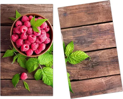 Produktbild von Spritzschutz Herdabdeckplatte Schneidebrett aus Glas Himbeeren in Holzschale 2-Teilig (60x52cm)