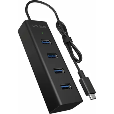 Produktbild von ICY BOX IB-HUB1409-C3, Type-C® zu 4-Port USB 3.2 Gen 1 Hub, Alu-Gehäuse, USB 3.2 Gen 1 (3.1 Gen 1) Type-C, USB 3.2 Gen 1 (3.1 Gen 1) Type-A, 5000 Mbit/s, Schwarz, Aluminium, 0,4 m