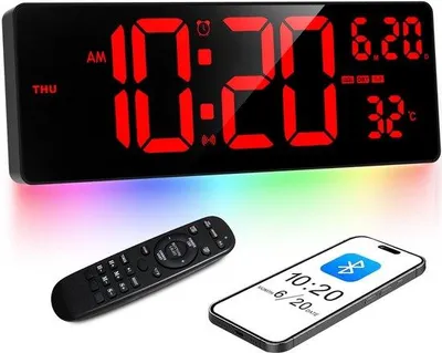 Obrázok produktu pre 16,5-palcové digitálne nástenné hodiny s synchronizáciou času cez Bluetooth, červeným displejom a farebným podsvietením