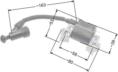 A product shot of a lawnmower ignition coil with dimensions indicated.