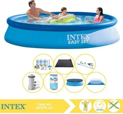 Produktbild von Intex Easy Set Schwimmbecken - Aufblasbares Schwimmbecken - 366x76 cm - Inklusive Abdeckplane, Pflegepaket, Filter, Bodenplane, Staubsauger und Solarmat