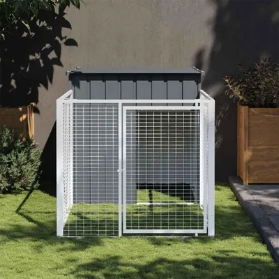Image de Cage pour chien d'extérieur, avec enclos et toit en acier galvanisé, de couleur grise