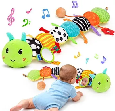 Productafbeelding van Sensorisch buikligspeelgoed, een rups voor baby's vanaf 0 maanden. Pluchen knuffel met muziek, geluiden, verschillende texturen en groeimarkeringen. Interactief knuffeldier