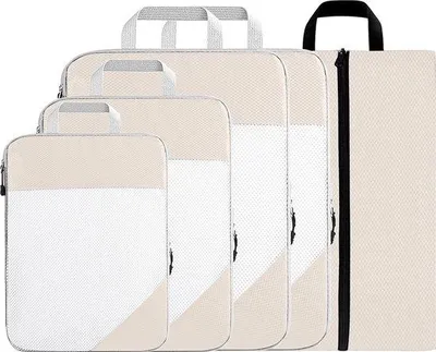 Produktbild von Unyqoos® Kompressions-Packwürfel (Packing Cubes) 5er-Set – Koffer‑Organizer Beige aus Nylon, inkl. 2×Large 42×10×30, 37×10×27, 32×8×22, Schuhbeutel 42×22