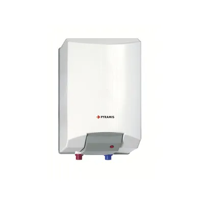 A white electric water heater with a gray panel at the bottom, showing red and blue connectors.