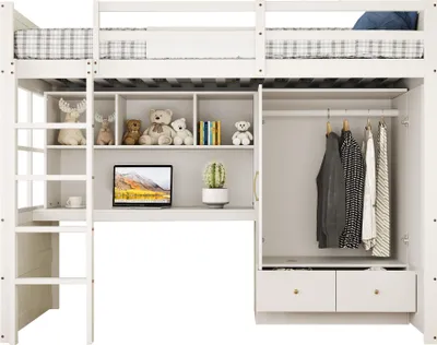 Produktbild von STILVORA Hochbett 90x200cm mit Schreibtisch und Stauraum,Kinderbett mit Schubladen Einzelbett mit Kleiderschrank und Leiter,ohne Matratze,Weiß