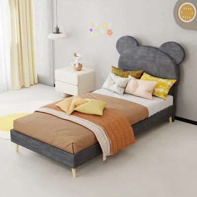 Produktbild von Polsterbett 140x200cm mit USB Ladefunktion, LED-Beleuchtung und 4 Schubladen, Bettgestell mit Holzlattenrost, Beige/Grau