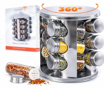 Produktbild von Gewürzregal-Set – 12 Gewürzgläser aus Edelstahl – 360° drehbarer Gewürzständer für die Küche