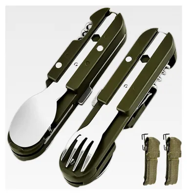 Produktbild von 2 Stück Campingbesteck Klappbesteck, Edelstahl 5-in-1 Klappbesteck mit Flaschenöffner, Messer, Gabel und Löffel für Outdoor, Tragbares Besteck