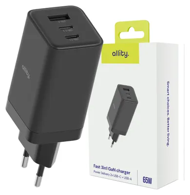 Image de Allity GaN PD QC Chargeur secteur ATC-01-65WACC 2x USB-C + 1x USB-A 65W noir