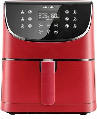 A front view of a red Cosori air fryer on a white background.