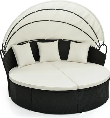 Produktbild von COSTWAY Sonnenliege Rattan, Gartenliege mit Kissen & einziehbarem Baldachin, Sonneninsel für 2-3 Personen 187x180x157cm